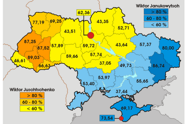 Рівень підтримки "прозахідного" кандидата у президенти Віктора Ющенка та "проросійського" Віктора Януковича на виборах 2004 року 