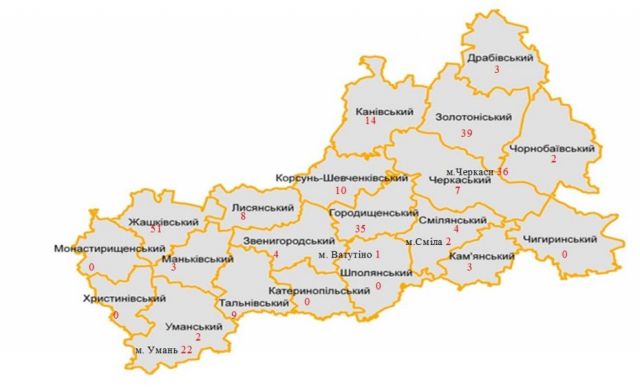 Розподіл випадків захворювання на кір з 01.01.2018 року в Черкаській області (в абсолютних числах)