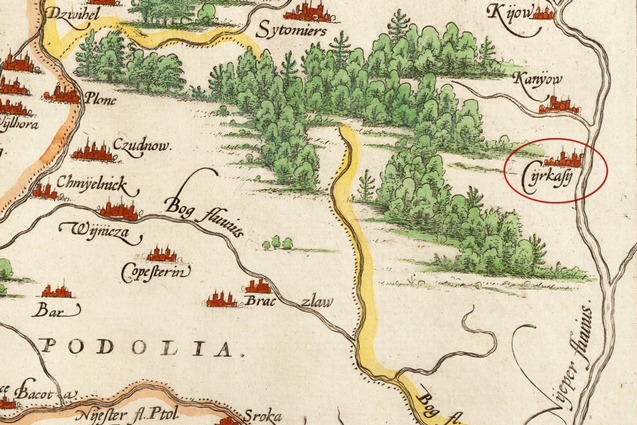 Черкаси на карті польського науковця Вацлава Ґродецького (1558 р.)