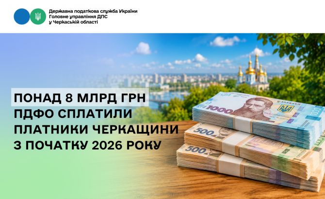 Понад 8 млрд грн ПДФО сплатили платники Черкащини з початку 2026 року