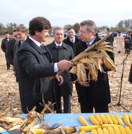 Андрій Крохмаль розповідає губернатору Сергію Тулубу про свої успіхи у вирощуванні кукурудзи: 200 центнерів з гектара.
