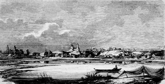 Панорама Черкас з боку Дніпра. Малюнок Казиміра-Костянтина Пжишиховського. На передньому плані – річка Митниця. 1861 рік
